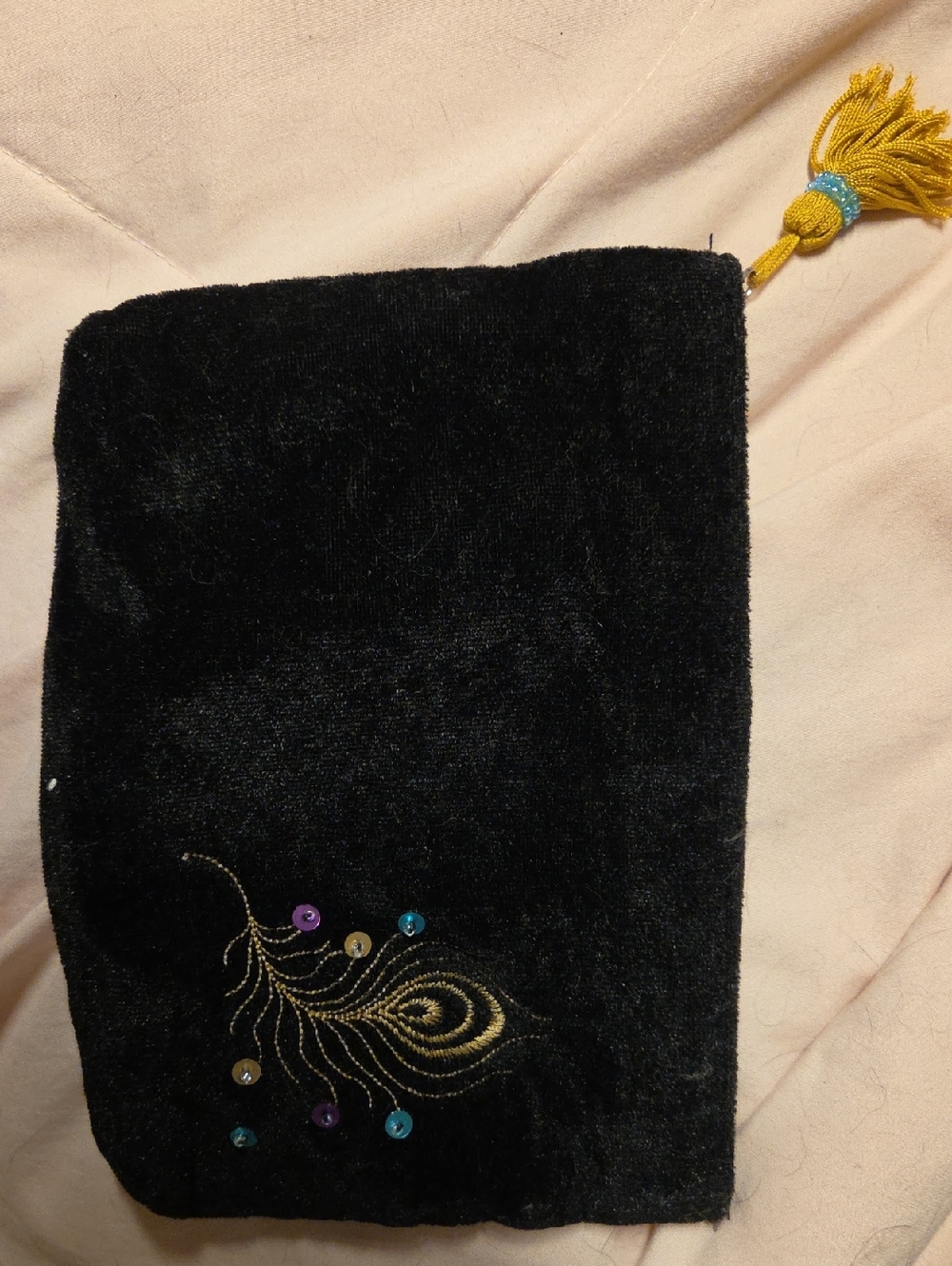 Black Velvet Embroidered Drawstring Pouch with Gold Tassel